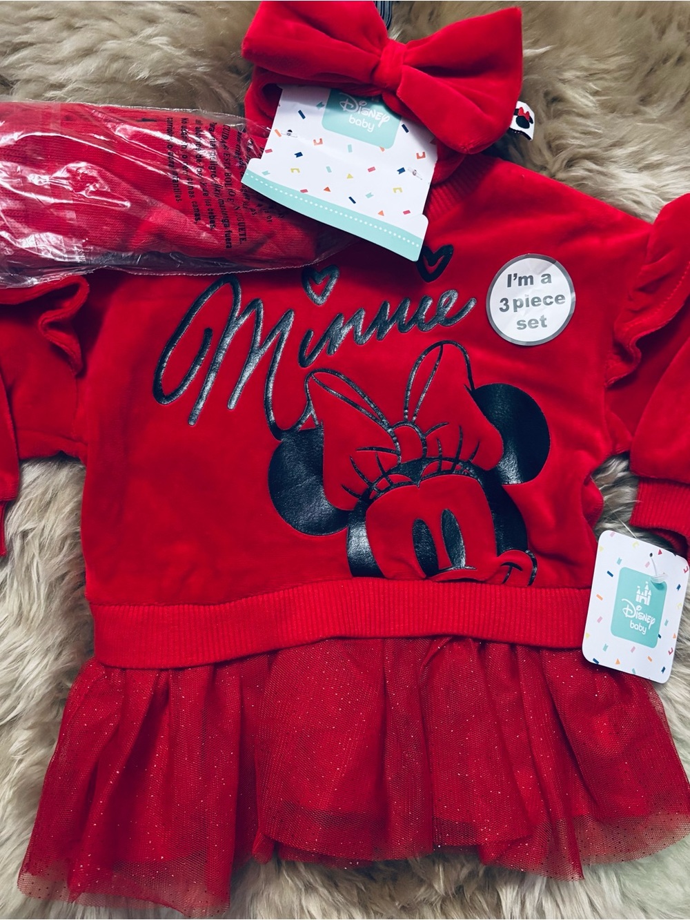Disney Minnie Mouse Baby Girl Red Dress 3 Piece Set Size 3-6M - Picture 6 of 9